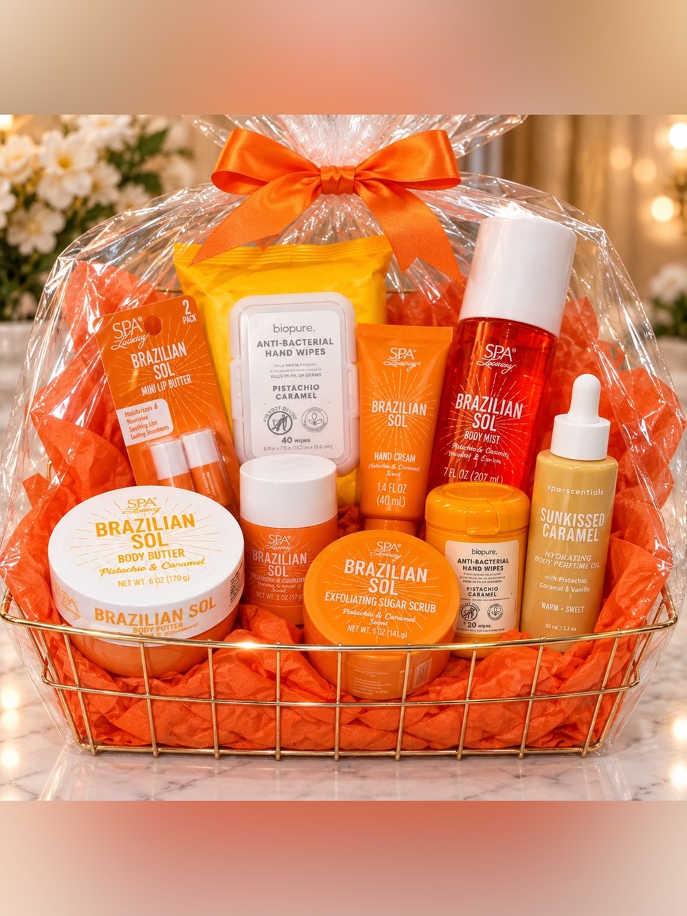 🧡 NWT Spa Luxury Brazilian Sol 9-Piece Pistachio Caramel Gift Basket Set
